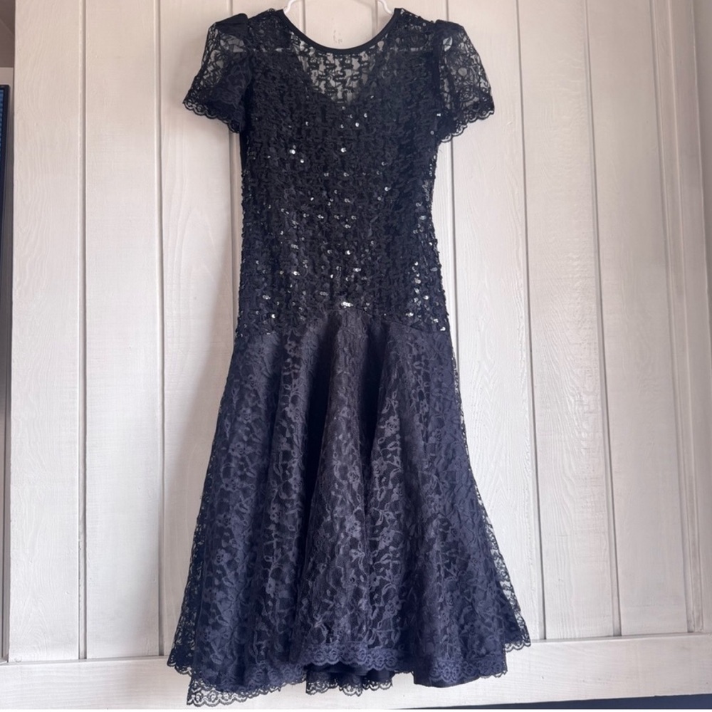 Vintage Night Moves Black Sequin Lace Midi Dress